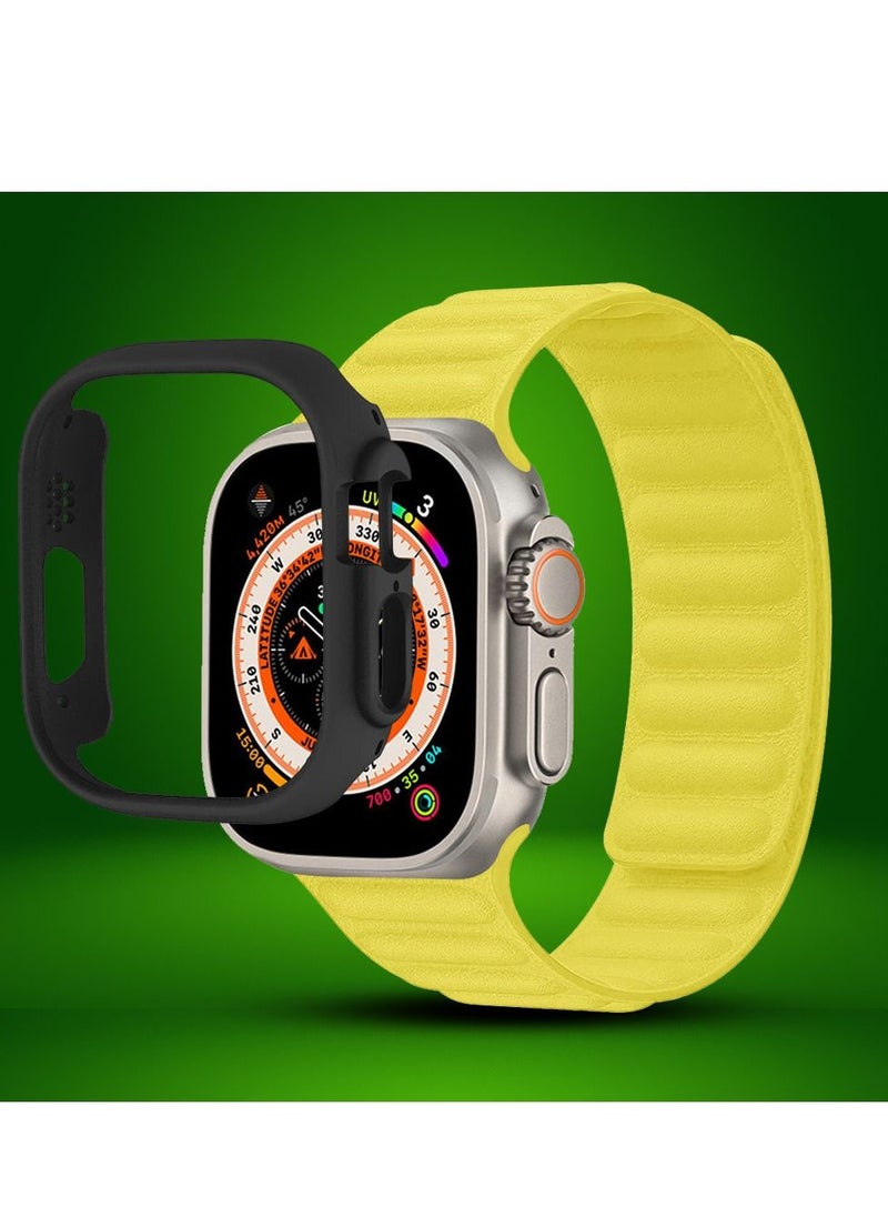 CATANES - 2 Packs For Apple Watch Band 49mm Leather Link Strap Magnetic Loop Bracelet and Black Case Holder Light Yellow - Image 1