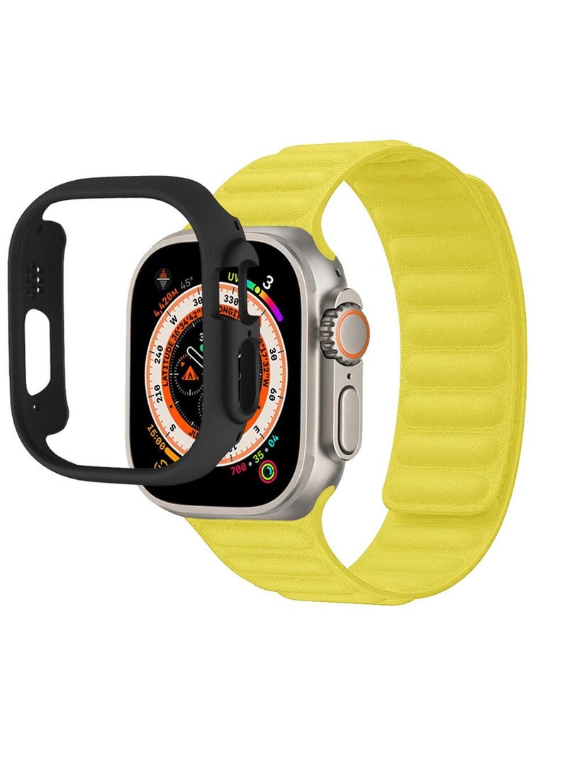 CATANES - 2 Packs For Apple Watch Band 49mm Leather Link Strap Magnetic Loop Bracelet and Black Case Holder Light Yellow - Image 1