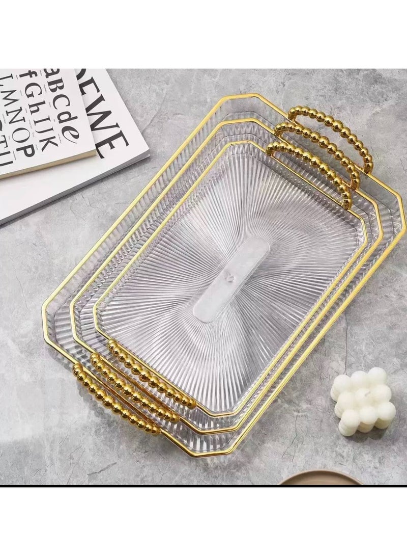 Serving Tray with Golden Handles Set of 3 Rectangular Large Serving Platters for Dinner, Party, Entertaining  - Image 1