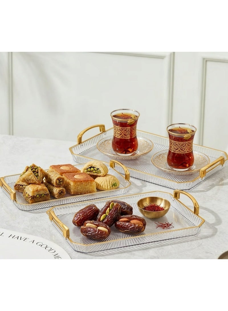 Serving Tray Set of 3 with Gold Handles, Rectangular Plastic Serving Trays, Large Decorative Food Serving Platters for Kitchen, Coffee, Tea, Party & Home Use - Image 3