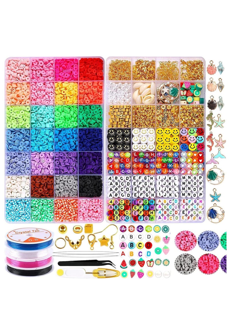 Yoawllty Clay Beads for Bracelet Making Kit, 28 Colors Flat Round Polymer 6mm Clay Beads with Charms Kit and Elastic Strings for Bracelets, Necklace, Earrings  - Image 1