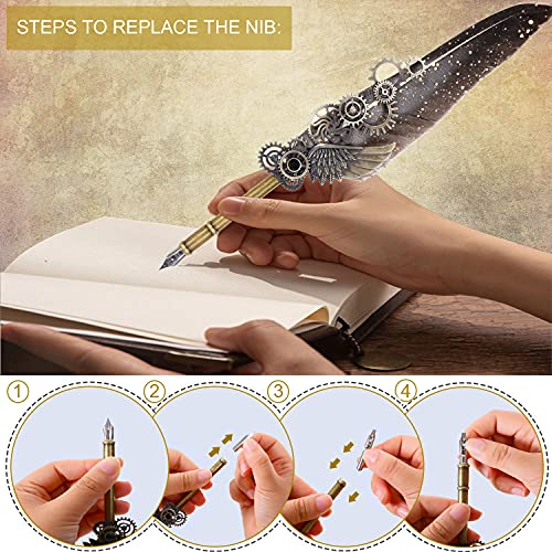 N.C NC Feather Quill Pen Set - Includes 5 Ink Bottles, 6 Nibs, Mechanical Quill Pen for Calligraphy, Writing Letters, Signing, Invitations Etc (Grey) - Image 4