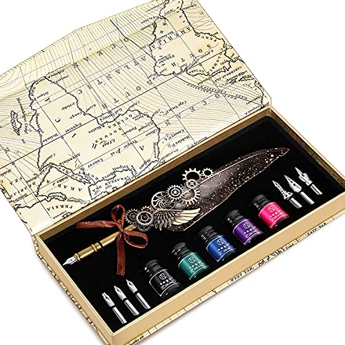 N.C NC Feather Quill Pen Set - Includes 5 Ink Bottles, 6 Nibs, Mechanical Quill Pen for Calligraphy, Writing Letters, Signing, Invitations Etc (Grey) - Image 1