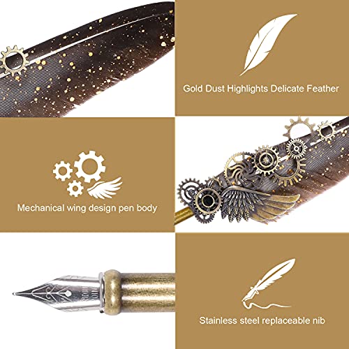 N.C NC Feather Quill Pen Set - Includes 5 Ink Bottles, 6 Nibs, Mechanical Quill Pen for Calligraphy, Writing Letters, Signing, Invitations Etc (Grey) - Image 3