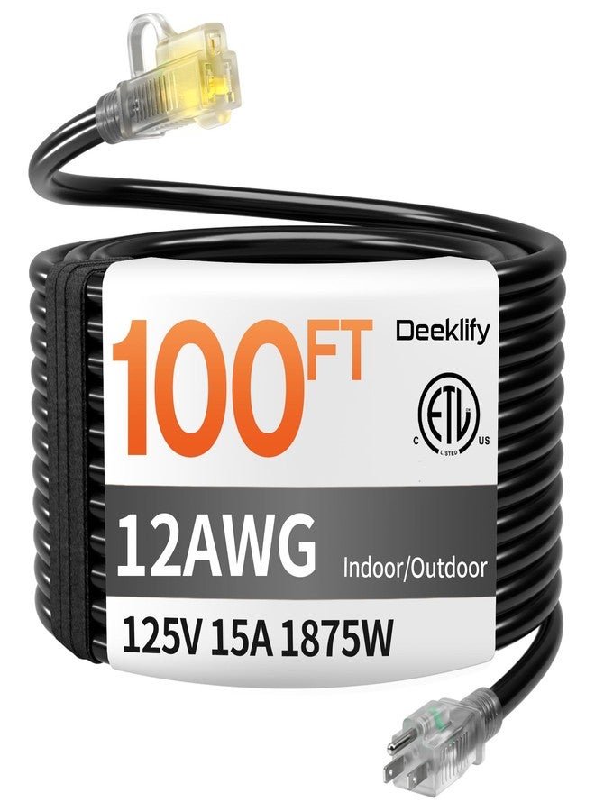 Deeklify 12 Gauge 100 FT Heavy Duty Outdoor Extension Cord Waterproof with Lighted End,Black 12 Gauge Extension Cord Flexible and Cold Resistant 3 Prong Grounded Plug,15Amp 1875W SJTW ETL Listed - Image 1