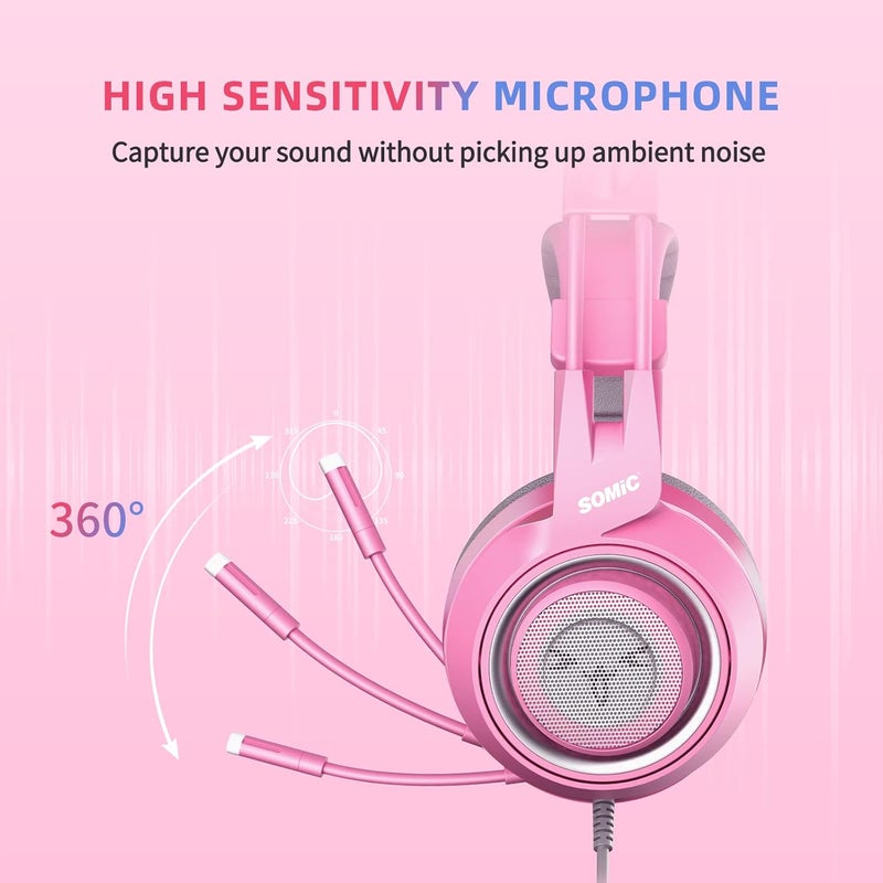 Somic G951s Pink Stereo Gaming Headset with Mic for PS4,Xbox,PC,Mobile Phone,3.5mm Noise Reduction Cat Ear Headphones Lightweight Over Ear Headphones for Girls - Image 3