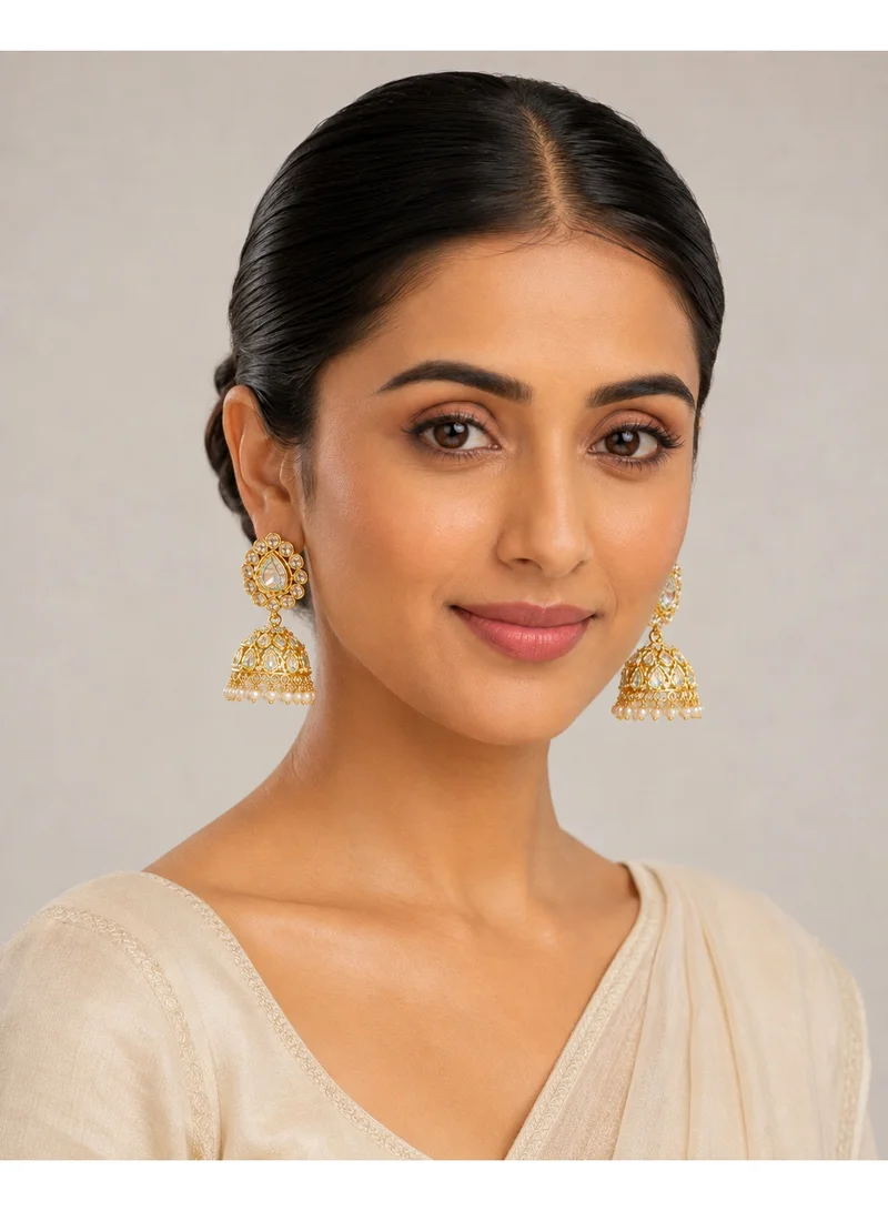 Lehar Imitation Gold Tone Kundan Jhumka Earrings with Polki Stones & Pearl Drops