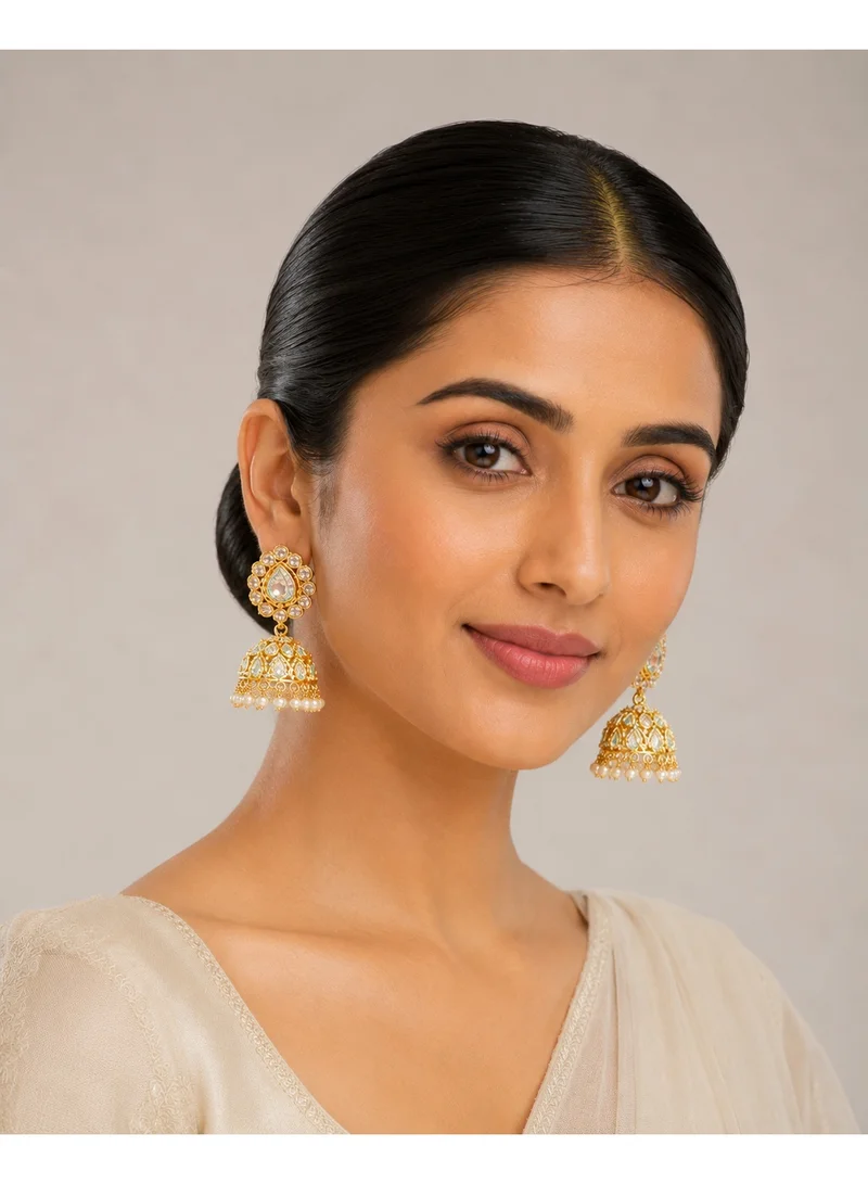 Lehar Imitation Gold Tone Kundan Jhumka Earrings with Polki Stones & Pearl Drops