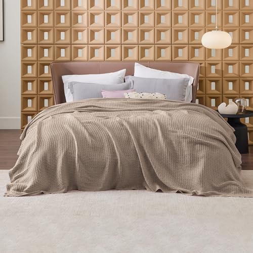 Bedsure Gentlesoft 100% Cotton Blanket Queen Size for Bed - Breathable and Soft, Thick Cozy Waffle Weave Christmas Blanket Gift for Women, Taupe, 90x90 Inches - Image 3