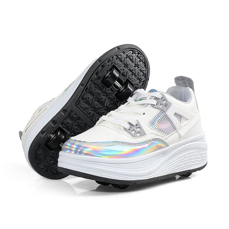 Generic Walking shoes four-wheel invisible Girls student roller skating shoes automatic walking boys deformation shoes childrens roller skating shoes White