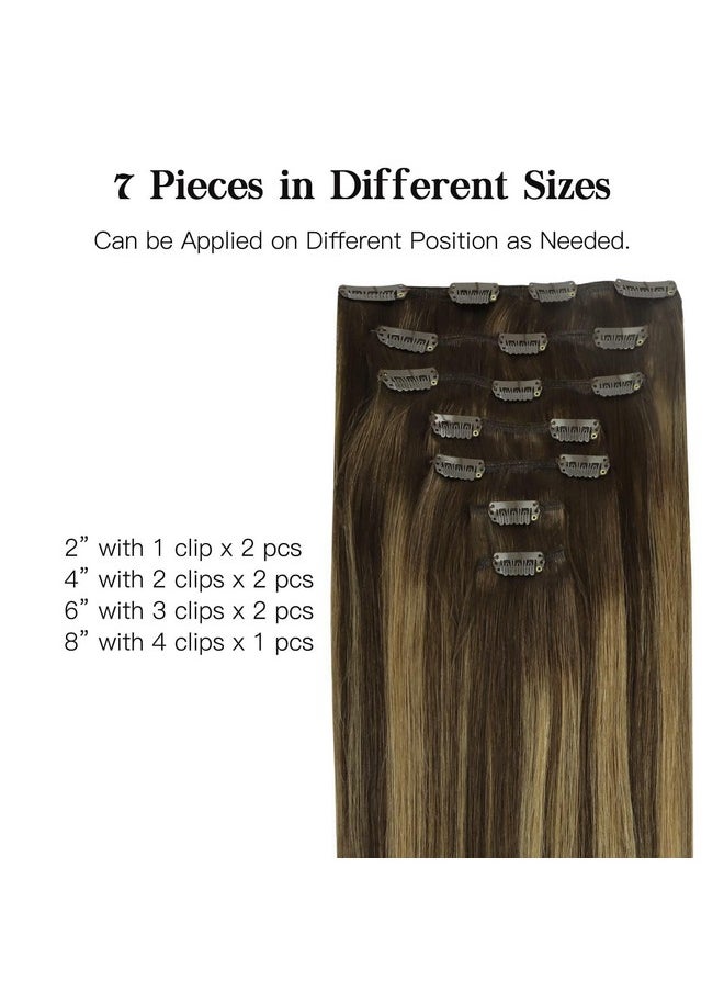 hotbanana - Human Hair Clip In Hair Extensions, Balayage Chocolate Brown Mixed Caramel Blonde 120G Clip In Hair Extensions Real Human Hair Straight Remy Hair Clip Ins Dark Roots Ombre 14 Inch 7Pcs - Image 1