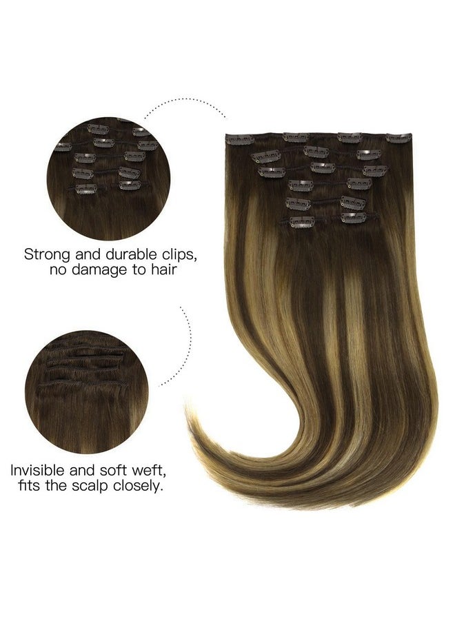 hotbanana - Human Hair Clip In Hair Extensions, Balayage Chocolate Brown Mixed Caramel Blonde 120G Clip In Hair Extensions Real Human Hair Straight Remy Hair Clip Ins Dark Roots Ombre 14 Inch 7Pcs - Image 1