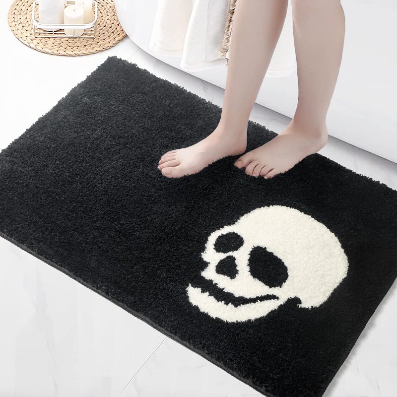 DEXDE Black Bathroom Rug Fun Skull Halloween Bath Mat Nightmare Decor Christmas Microfiber Black White Bathroom Rugs for Tub Shower 20x 32