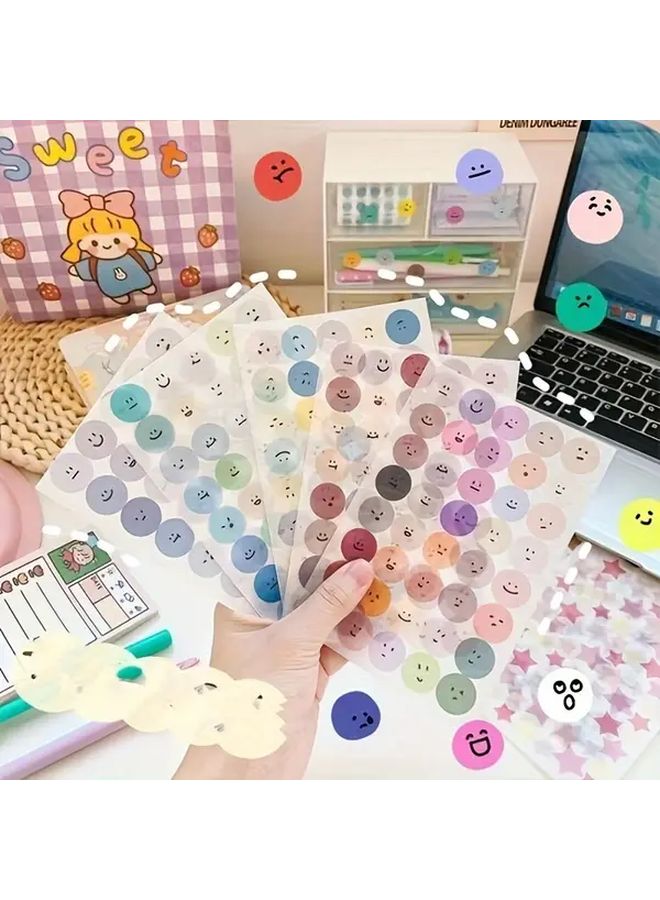 6 Sheets Cute Expression Cartoon Doodle Round Sticker Multicolor Smile Face Gift Decoration Hand Account Sticker Cup Decoration Label Holiday Gift Stationery - Image 4