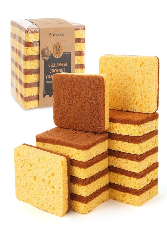 Yocada Cellulose Sponge 12 Pack Biodegradable Natural Kitchen Sponge Dual-Action Cleaning Sponge Compostable Cellulose and Coconut Walnut Non-Scratch Scrubber Sponge for Dishes Pans Pots - Image 1