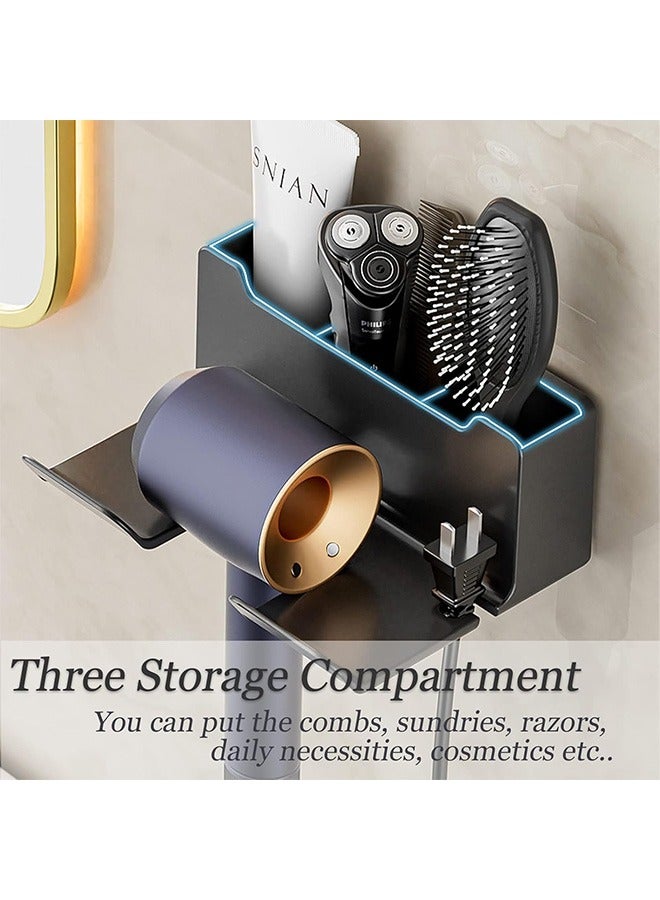 Hair Dryer Holder - Bathroom Organizer Hair Dryer Holder Wall Mounted Hair Styling Tools Organizer Hair Dryer Dolder Cabinet Door Blow Rack for Hair Dryer Stand with Plug Hook Black - Image 4