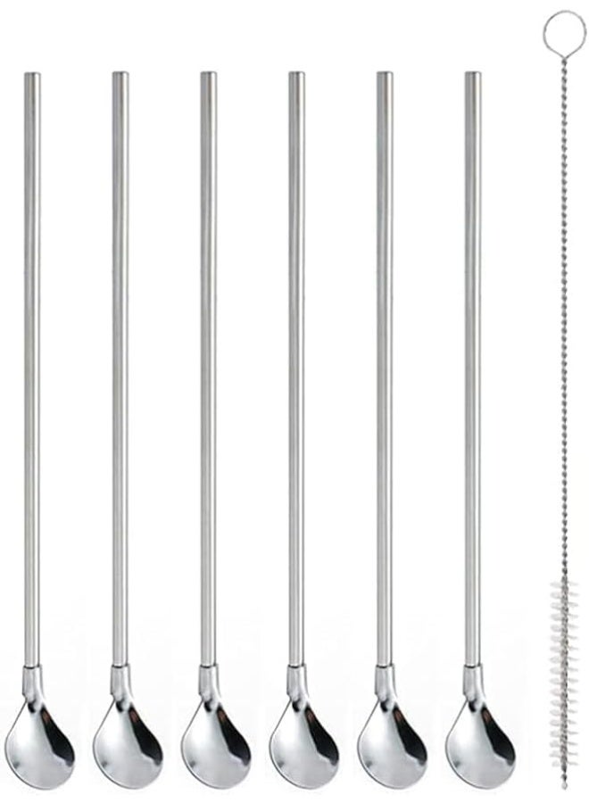 Elegant Set Of 7 Reusable Drinking Straws With Spoon 304 Stainless Steel Metal Straws Straight And Bent Design With Cleaning Brush Eco Friendly Multi Purpose Straws (Sliver) - Image 1