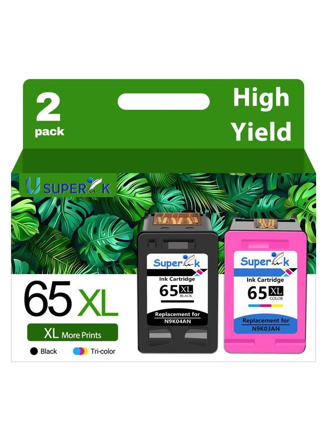 SuperInk Remanufactured 65 High Yield Ink Cartridge Replacement for HP 65XL N9K04AN N9K03AN Compatible with Deskjet 2600 2620 3720 3752 3758 Envy 5000 5052 5055 5058 Printer (1 Black, 1 Tri-Color) - Image 1