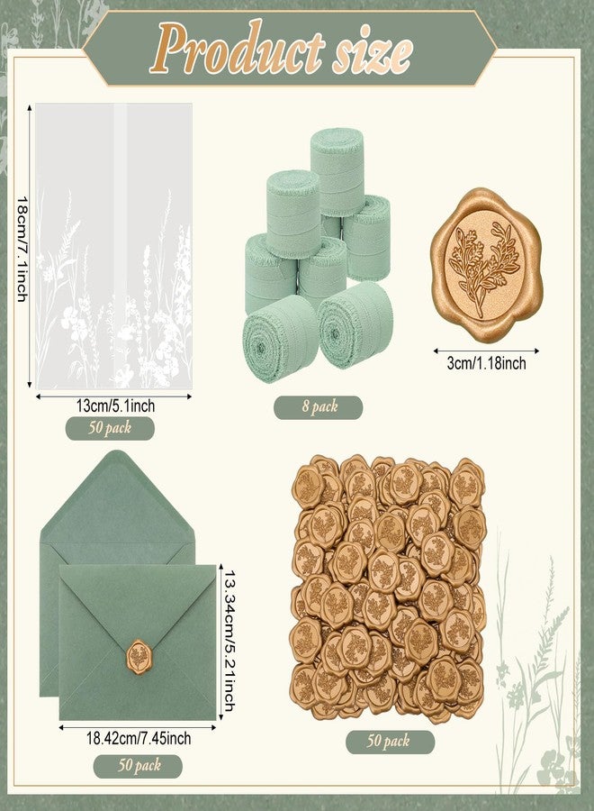 YooNotee 50 Sets Wedding Invitation Kit Include Vellum Jackets for 5x7 Invitations Sage Green Envelope Liners Gold Wax Seal Stickers for Wedding Birthday Party Favor DIY Craft (Wildflowers) - Image 3