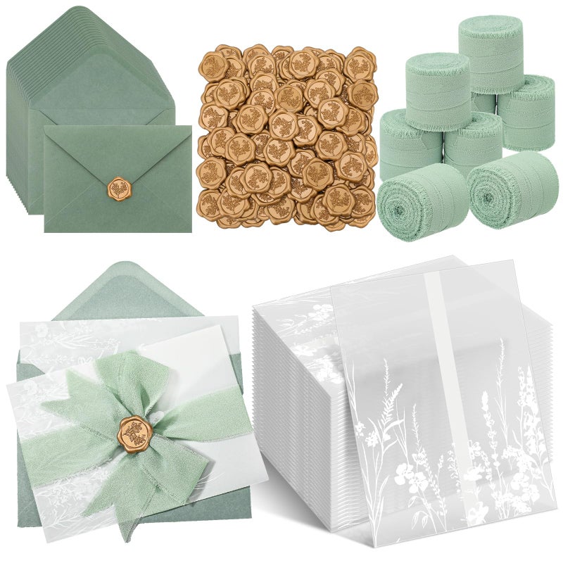 YooNotee 50 Sets Wedding Invitation Kit Include Vellum Jackets for 5x7 Invitations Sage Green Envelope Liners Gold Wax Seal Stickers for Wedding Birthday Party Favor DIY Craft (Wildflowers) - Image 1