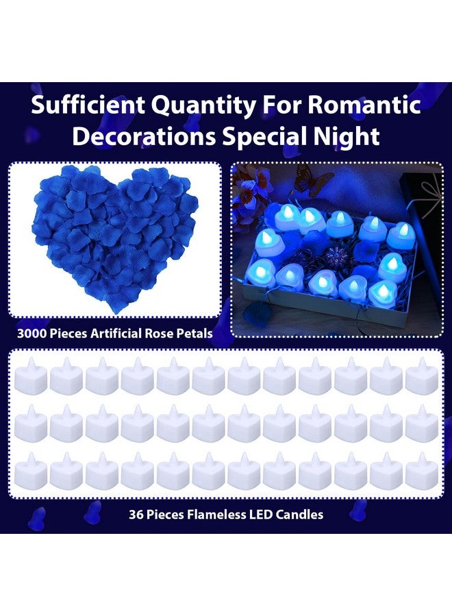 Caffox Caffox 3000Pcs Rose Petals with 36Pcs LED Tea Lights Candles, Rose Petals and Candles Set for Romantic Night, Romantic Decorations for Special Night, Valentine's Day, Wedding, Anniversary(Blue)  - Image 3