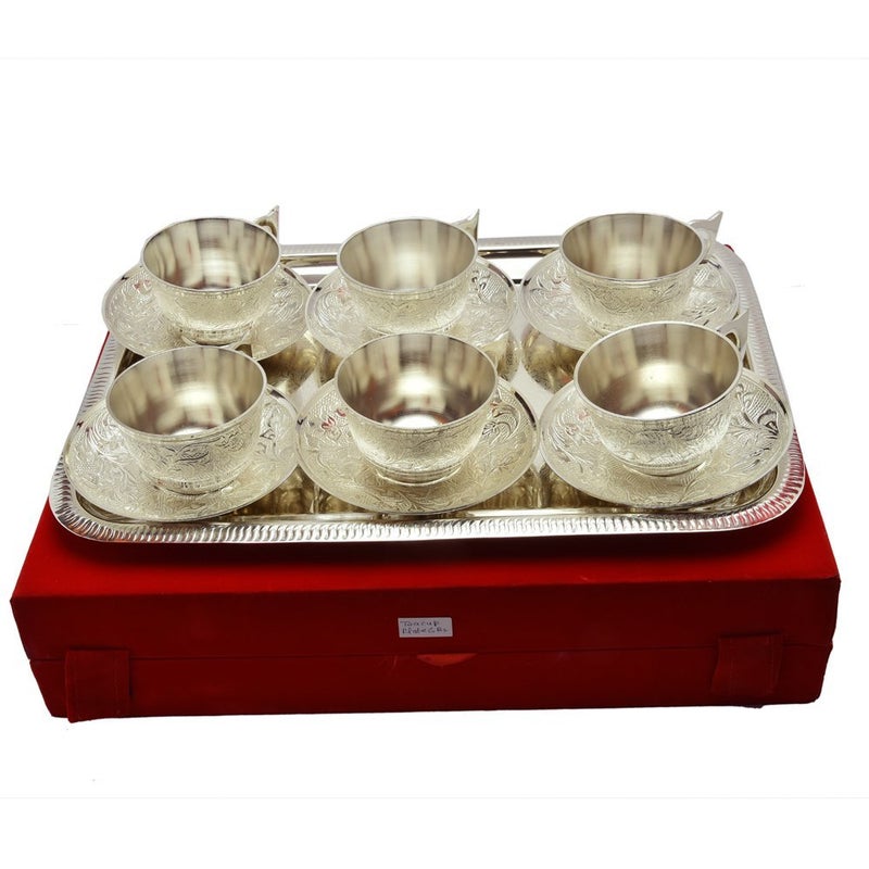 Piepot Silver Plated Cup Saucer Set with Tray in Velvet Box | Cup Saucer Set of (6 Cups + 6 Saucer + 1 Tray) | Luxury Handcrafted | Dishwasher Safe | Ideal for Daily Use & Gifting | - Image 5