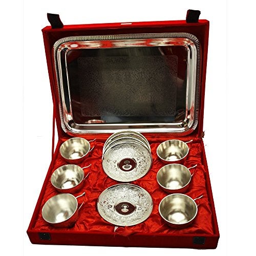 Piepot Silver Plated Cup Saucer Set with Tray in Velvet Box | Cup Saucer Set of (6 Cups + 6 Saucer + 1 Tray) | Luxury Handcrafted | Dishwasher Safe | Ideal for Daily Use & Gifting | - Image 3