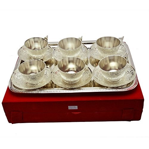 Piepot Silver Plated Cup Saucer Set with Tray in Velvet Box | Cup Saucer Set of (6 Cups + 6 Saucer + 1 Tray) | Luxury Handcrafted | Dishwasher Safe | Ideal for Daily Use & Gifting | - Image 1