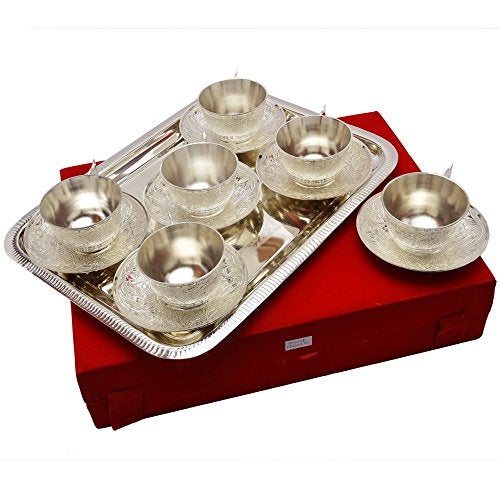 Piepot Silver Plated Cup Saucer Set with Tray in Velvet Box | Cup Saucer Set of (6 Cups + 6 Saucer + 1 Tray) | Luxury Handcrafted | Dishwasher Safe | Ideal for Daily Use & Gifting | - Image 2