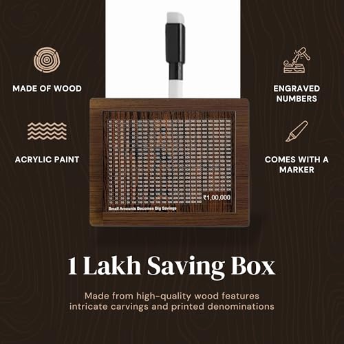 CAAJU Money Bank with Amount 100000 Piggy Bank for Girls and Boys - Carved Wooden Money Saving Box - Birthday - Money Box Gullak for Adults (Wooden Money Box) - Image 3