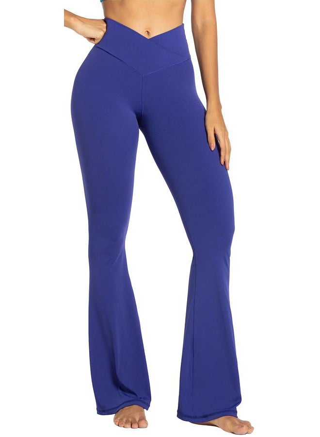 Sunzel Flare Leggings, Crossover Yoga Pants with Tummy Control, High-Waisted and Wide Leg, 30" Inseam, Navy Blue Large - Image 3