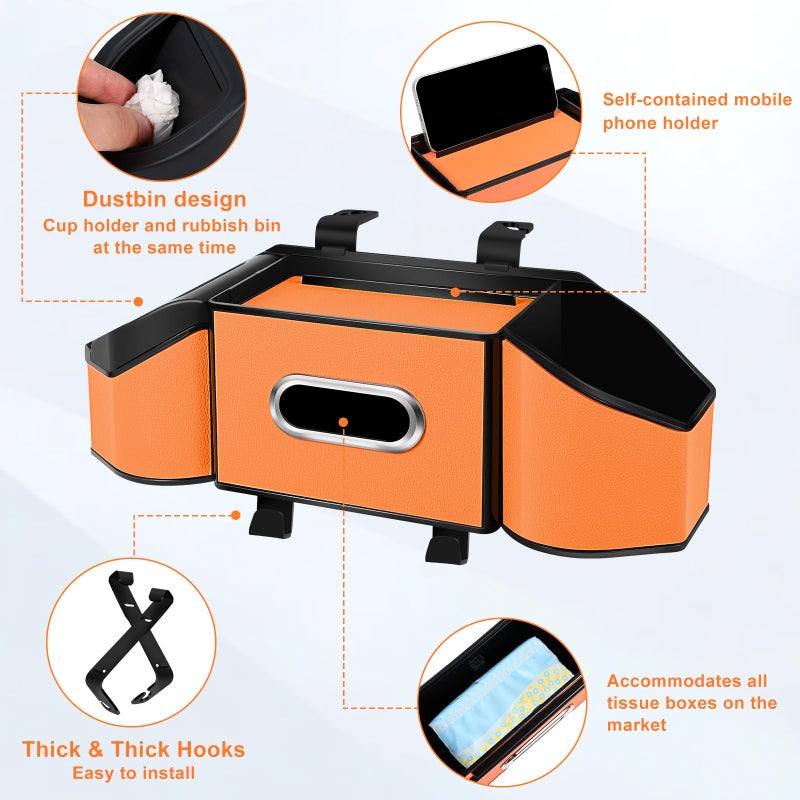 Hiitytin 7-In-1 Car Seat Back Organizer with Cup Holders, Tissue Box, Garbage Can&Hooks, Multifunctional Headrest Storage Organizer, Headrest Cup Holder for Backseat, Car Accessories for Trips, Travels(Orange) - Image 3