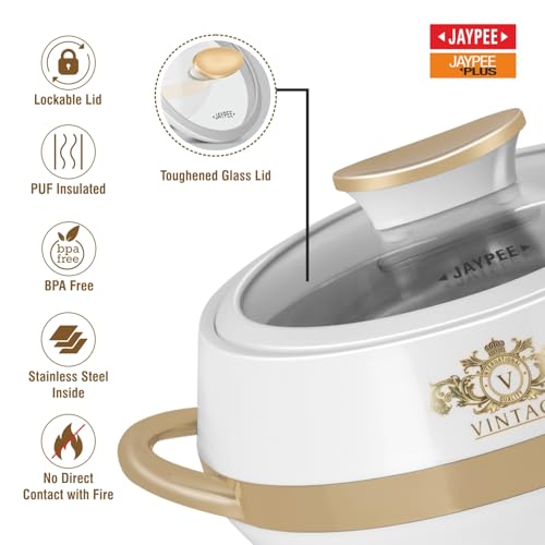 JAYPEE Vintage Inner Stainless Steel Casserole Set of 3 with Lockable Lid |1000+1500+2000 ml |BPA Free Insulated Casserole Set |Food Grade Serving Set |Ideal for Chapati,Warm & Fresh Food,White - Image 2
