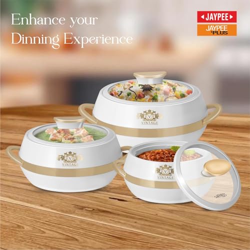JAYPEE Vintage Inner Stainless Steel Casserole Set of 3 with Lockable Lid |1000+1500+2000 ml |BPA Free Insulated Casserole Set |Food Grade Serving Set |Ideal for Chapati,Warm & Fresh Food,White - Image 4