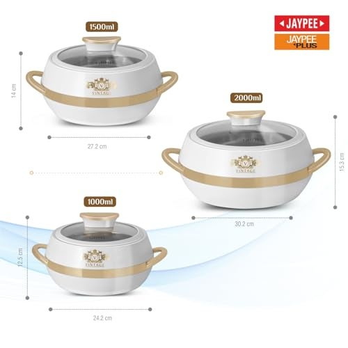 JAYPEE Vintage Inner Stainless Steel Casserole Set of 3 with Lockable Lid |1000+1500+2000 ml |BPA Free Insulated Casserole Set |Food Grade Serving Set |Ideal for Chapati,Warm & Fresh Food,White - Image 5