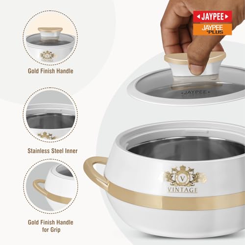 JAYPEE Vintage Inner Stainless Steel Casserole Set of 3 with Lockable Lid |1000+1500+2000 ml |BPA Free Insulated Casserole Set |Food Grade Serving Set |Ideal for Chapati,Warm & Fresh Food,White - Image 3