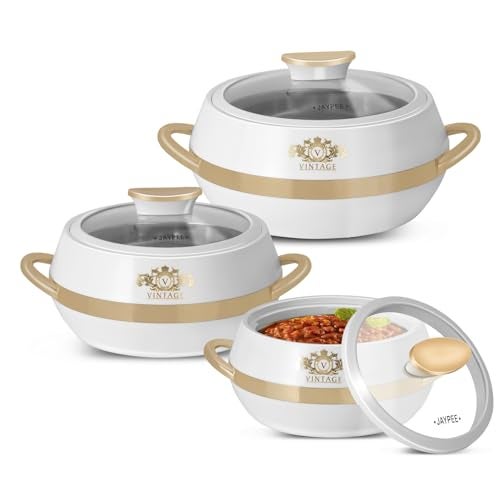 JAYPEE Vintage Inner Stainless Steel Casserole Set of 3 with Lockable Lid |1000+1500+2000 ml |BPA Free Insulated Casserole Set |Food Grade Serving Set |Ideal for Chapati,Warm & Fresh Food,White - Image 1