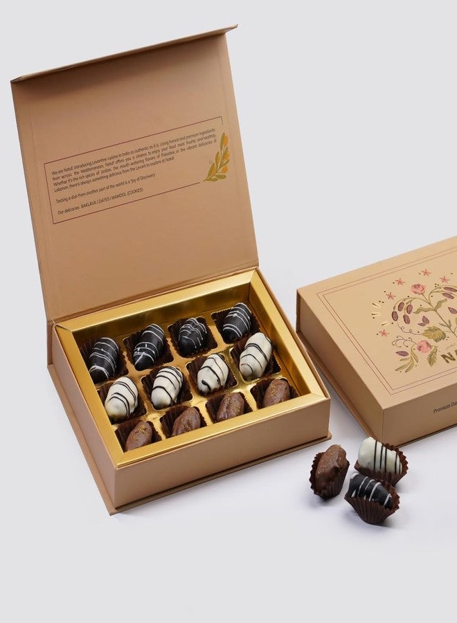 NATUF Dates Chocolate Gift Box – White & Dark Chocolate Coated Dates | Luxurious Middle Eastern Treat | Premium Chocolate Dates Sweet Gift Box for Gifting & Snacking | 100% Plant-Based Healthy Snack | 12 Pcs (180g) - Image 1