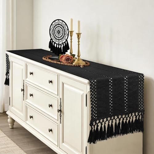 yuboo Black Gothic Table Runner 72 Inches Long Boho Coffee Table Runner Macrame Dresser Runners for BedroomDining Room KitchenTV Stand Black Valentines Day Table Decor