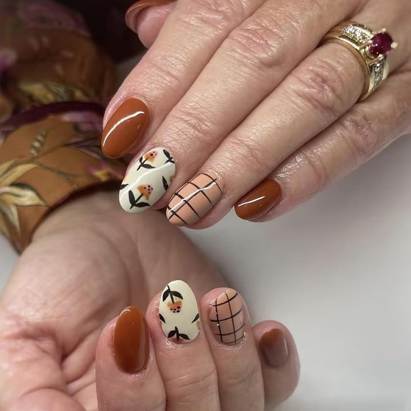 WULIUFLY Yearly optimized delivery route Fall Press on Nails Almond Fake Nails Brown False Nails with Mushroom Flower Designs Acrylic Nails Brown Fall Glue on Nails Glossy Short Artificial Nails Stick on Nails for Women Nail Manicure 24PCS Flexible trendy construction - Image 1