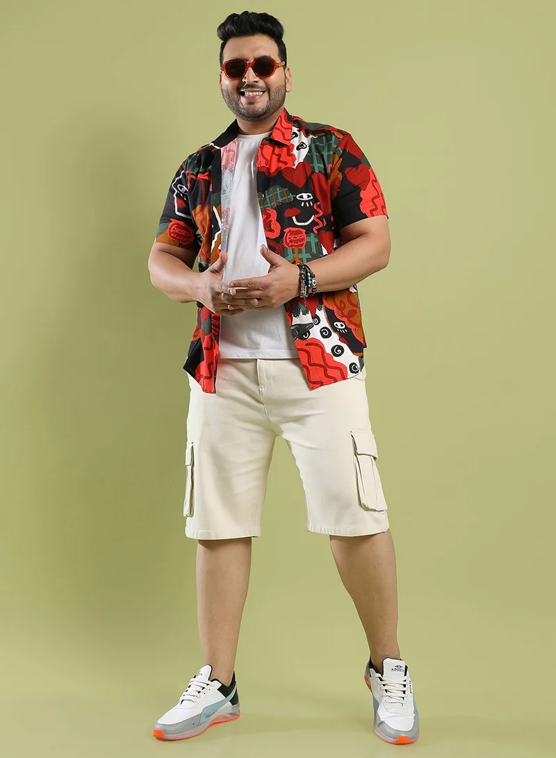 Instafab Plus Instafab Plus Men's Red Artistic Romance Shirt For Casual Wear | Spread Collar | Short Sleeve | Button Closure | Rayon Slub Lycra Shirt Crafted With Comfort Fit For Everyday Wear