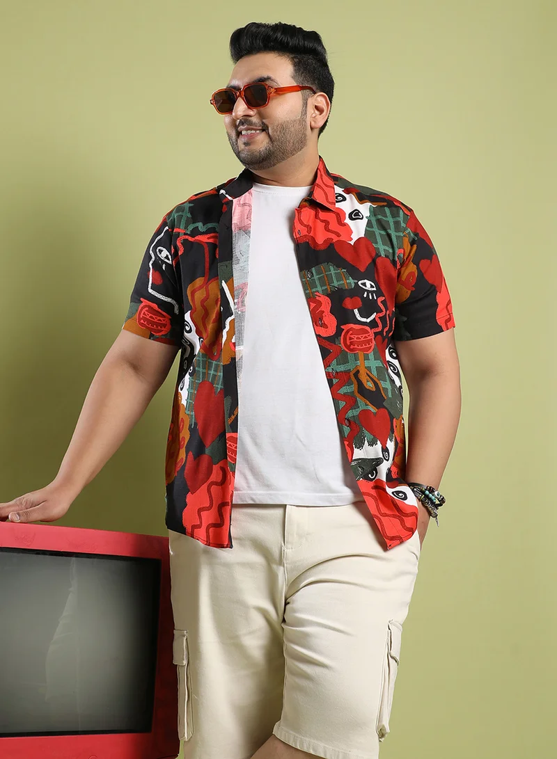 Instafab Plus Instafab Plus Men's Red Artistic Romance Shirt For Casual Wear | Spread Collar | Short Sleeve | Button Closure | Rayon Slub Lycra Shirt Crafted With Comfort Fit For Everyday Wear