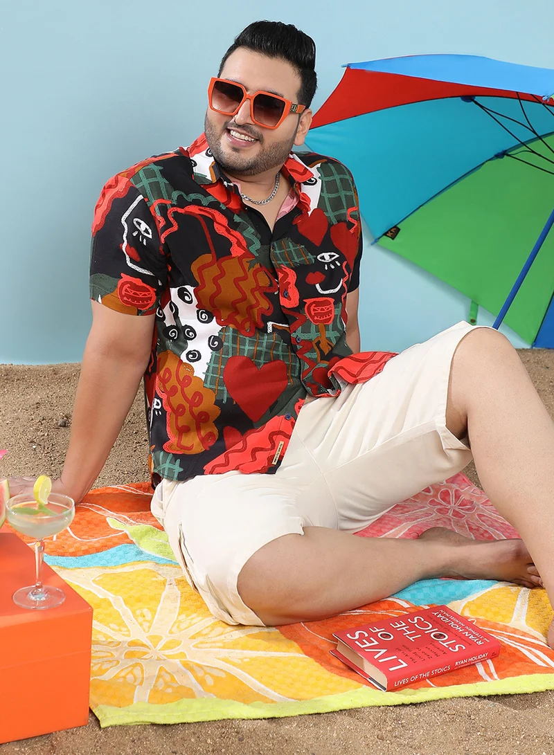 Instafab Plus Instafab Plus Men's Red Artistic Romance Shirt For Casual Wear | Spread Collar | Short Sleeve | Button Closure | Rayon Slub Lycra Shirt Crafted With Comfort Fit For Everyday Wear