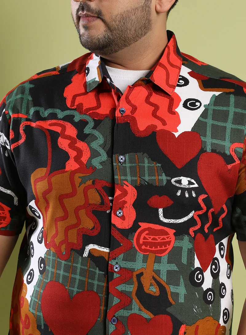 Instafab Plus Instafab Plus Men's Red Artistic Romance Shirt For Casual Wear | Spread Collar | Short Sleeve | Button Closure | Rayon Slub Lycra Shirt Crafted With Comfort Fit For Everyday Wear