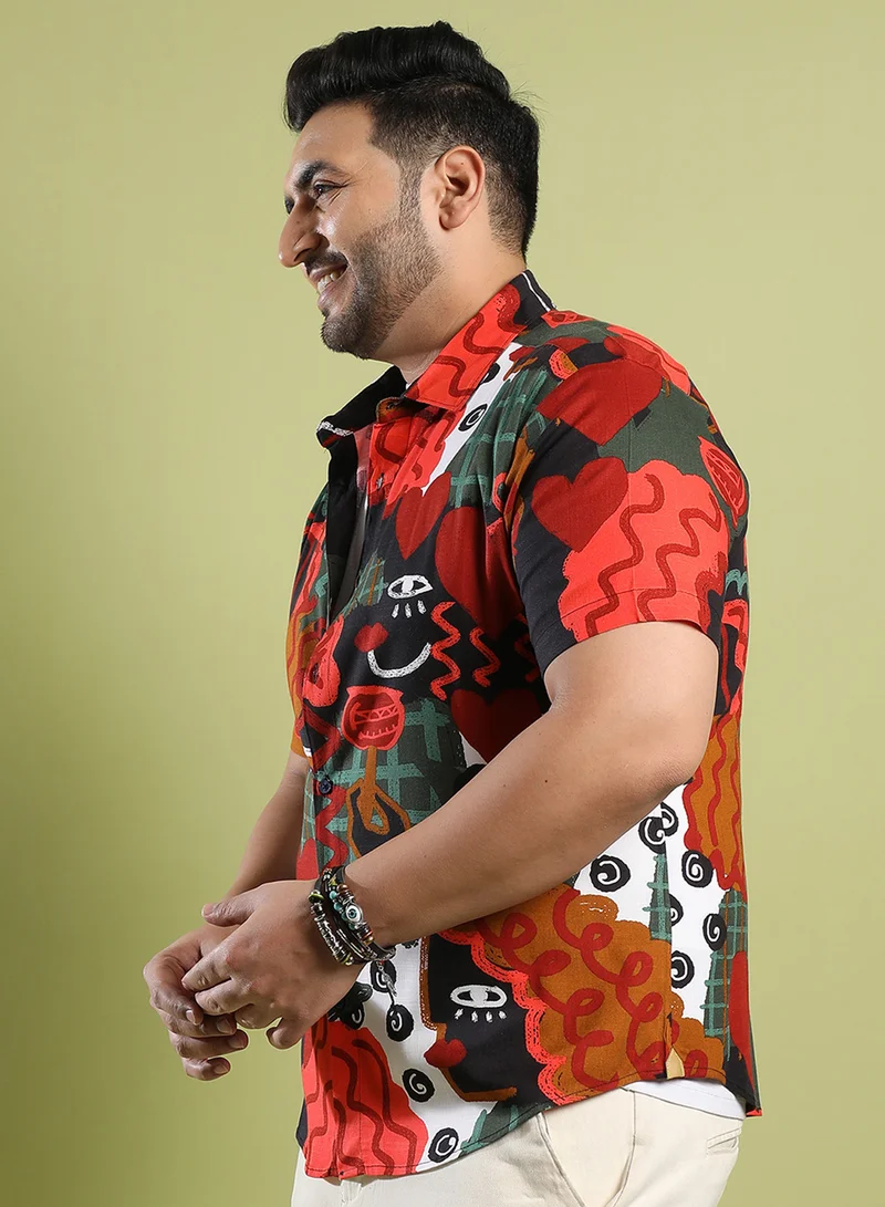 Instafab Plus Instafab Plus Men's Red Artistic Romance Shirt For Casual Wear | Spread Collar | Short Sleeve | Button Closure | Rayon Slub Lycra Shirt Crafted With Comfort Fit For Everyday Wear