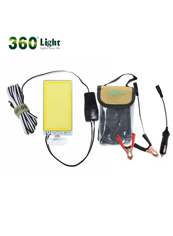 360° LED Camping Light 12V DC, connectable to car battery, equipped with a strong magnetic base – perfect for camping gear and outdoor adventures.