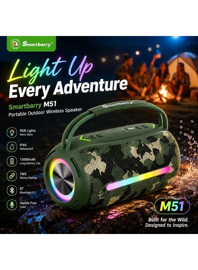 Smartbarry M51 Portable Waterproof Bluetooth Speaker RGB Neon Light 15000mAh Battery Powerful Bass Wireless Speaker TWS Pairing USB Playback Handsfree Calling for Outdoor Indoor Entertainment - Image 1