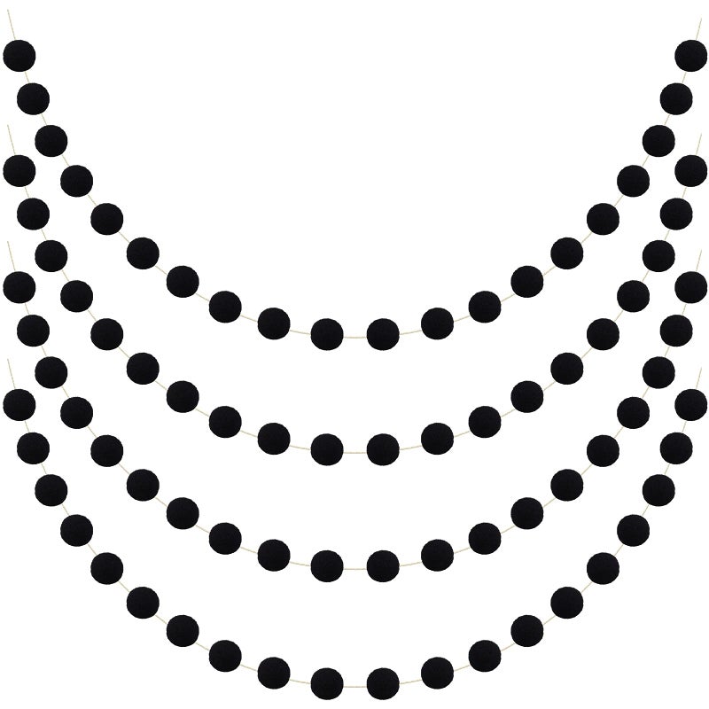 Tegeme 4 Pieces Felt Pom Poms Garland Ball 66ft Hanging Banner Ball Garland for Wall Decoration Festivals Room Home Wedding Birthday PartyBlack