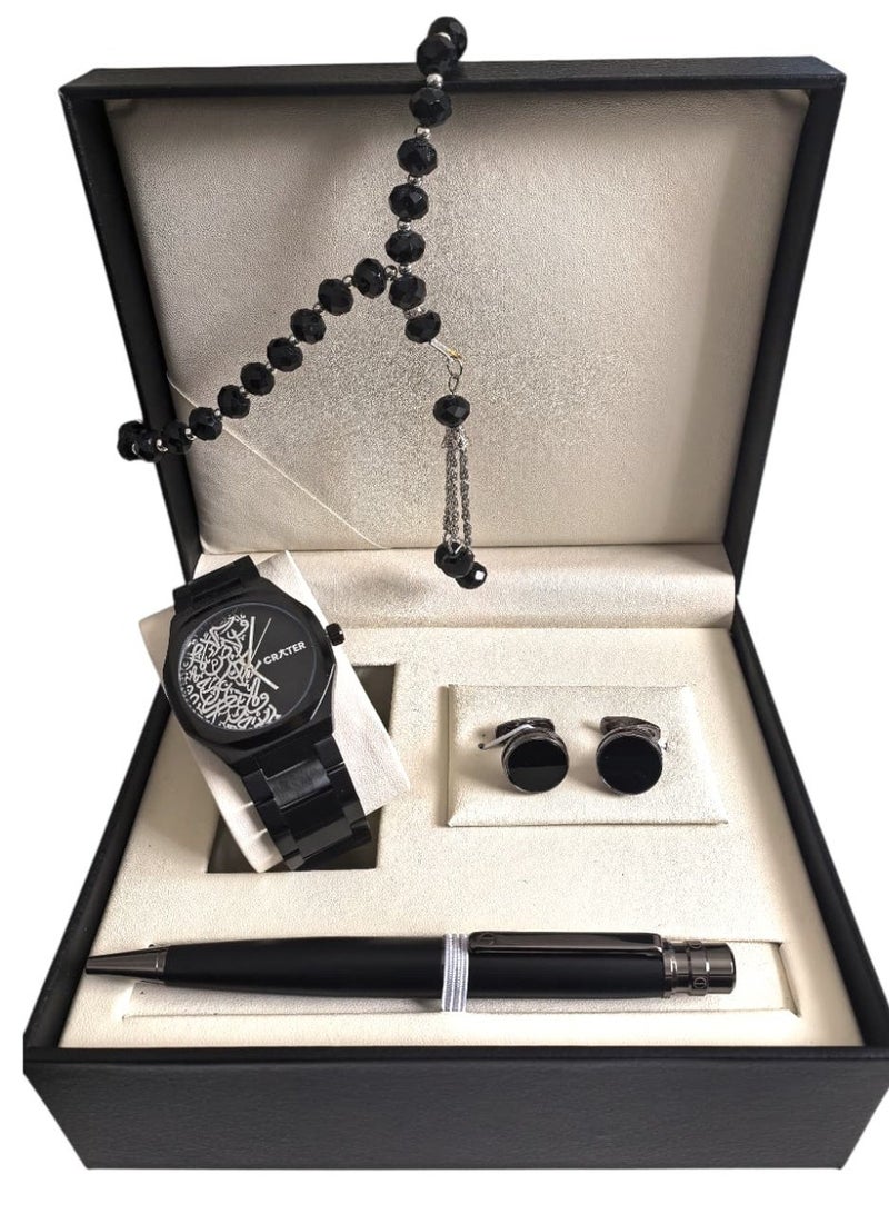 كريتر  طقم رجالي فاخر يتكون من ساعة تصميم ملكي من الستانلس ستيل، مينا كلاسيكي مقاومة للماء وسبحة وقلم وازرار اكمام - Image 1