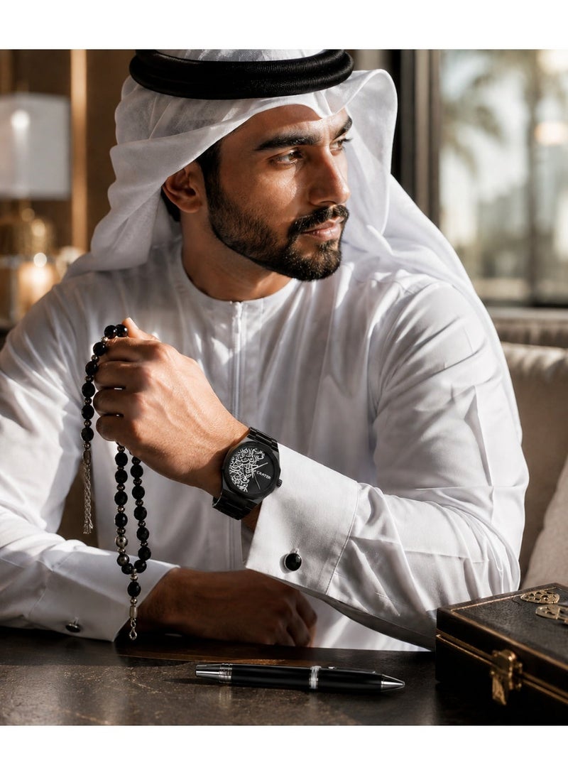 كريتر  طقم رجالي فاخر يتكون من ساعة تصميم ملكي من الستانلس ستيل، مينا كلاسيكي مقاومة للماء وسبحة وقلم وازرار اكمام - Image 2